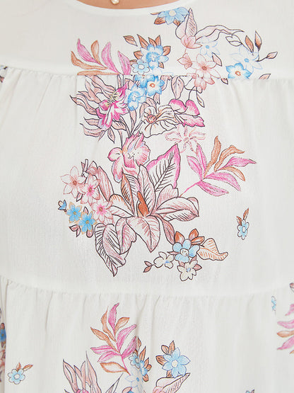 Floral Print Patchwork Ruffle Layered Hem Lantern Sleeve Blouse