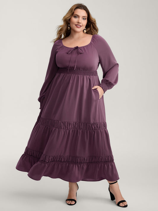Lotus Leaf Shirred Waist Pockets Maxi Dress
