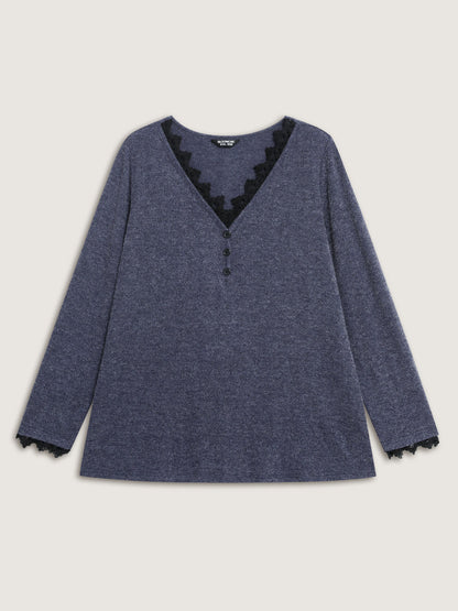 Lace V-Neckline Solid T-Shirt