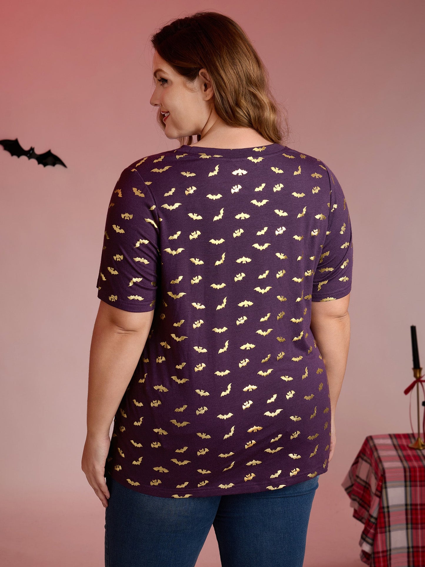 Shimmery Gold Bat Print Crewneck T-Shirt