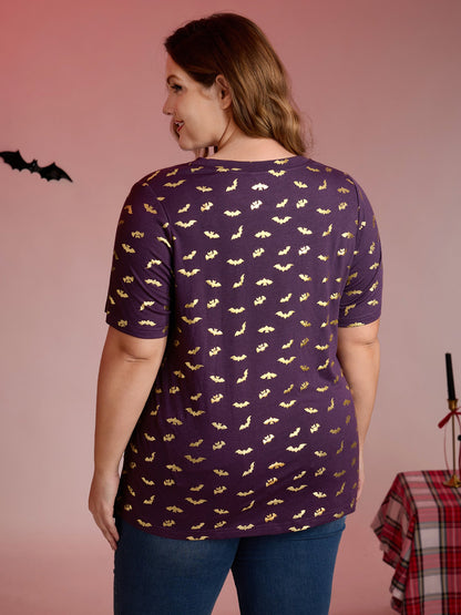 Shimmery Gold Bat Print Crewneck T-Shirt
