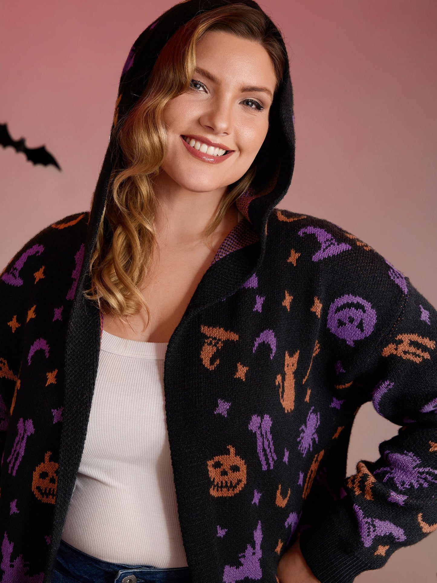 Halloween Party Print Hooded Pocket Cardigan