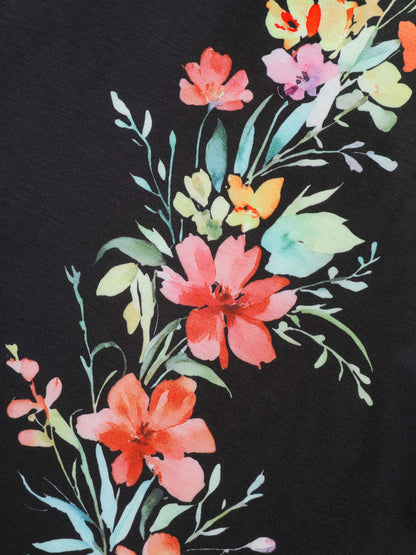 Floral Print Solid Round Neck T-Shirt