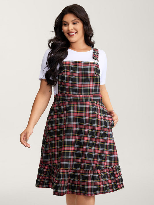 Checkered Pattern Overall Pockets Midi Dress