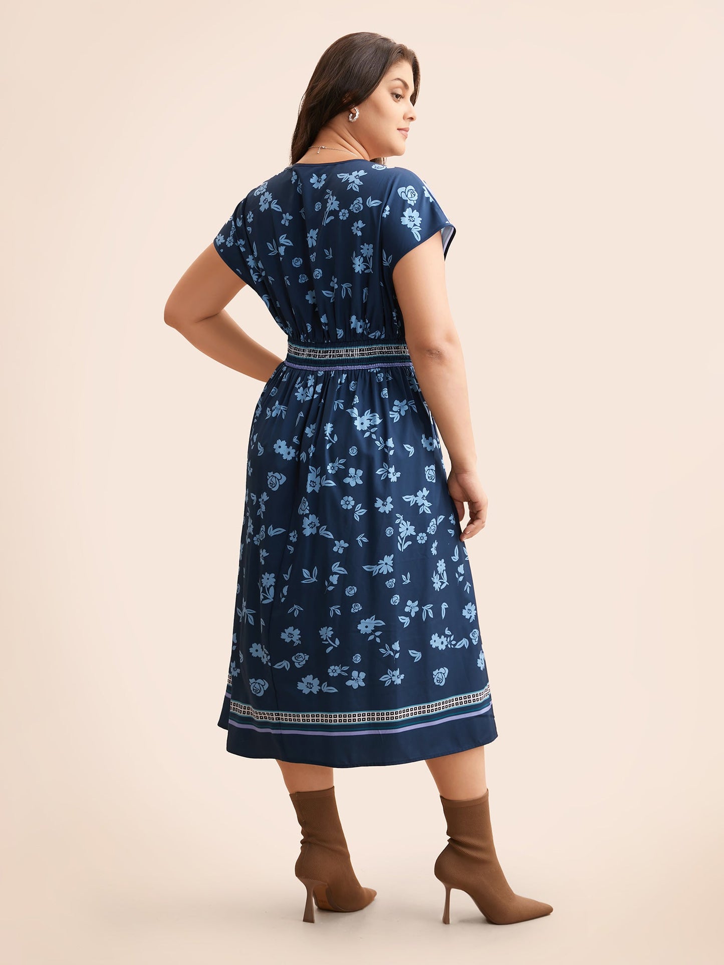 Boho Print Shirred Dolman Sleeve Dress