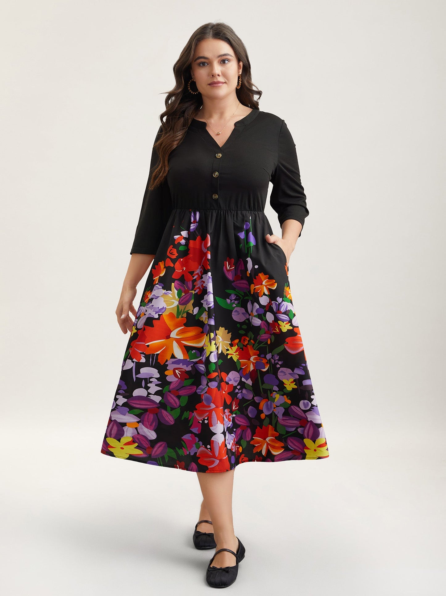 Brush Stroke Flowers Notched Collar Dress