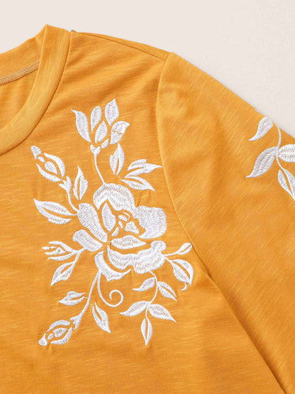 Floral Embroidered Contrast Round Neck T-shirt