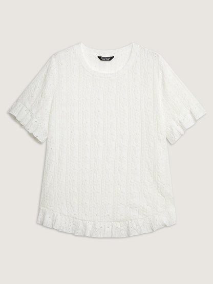 Floral Eyelet Trim Ruffled Hem Top