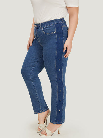 Pearl Beaded Patchwork Medium Wash Jeans