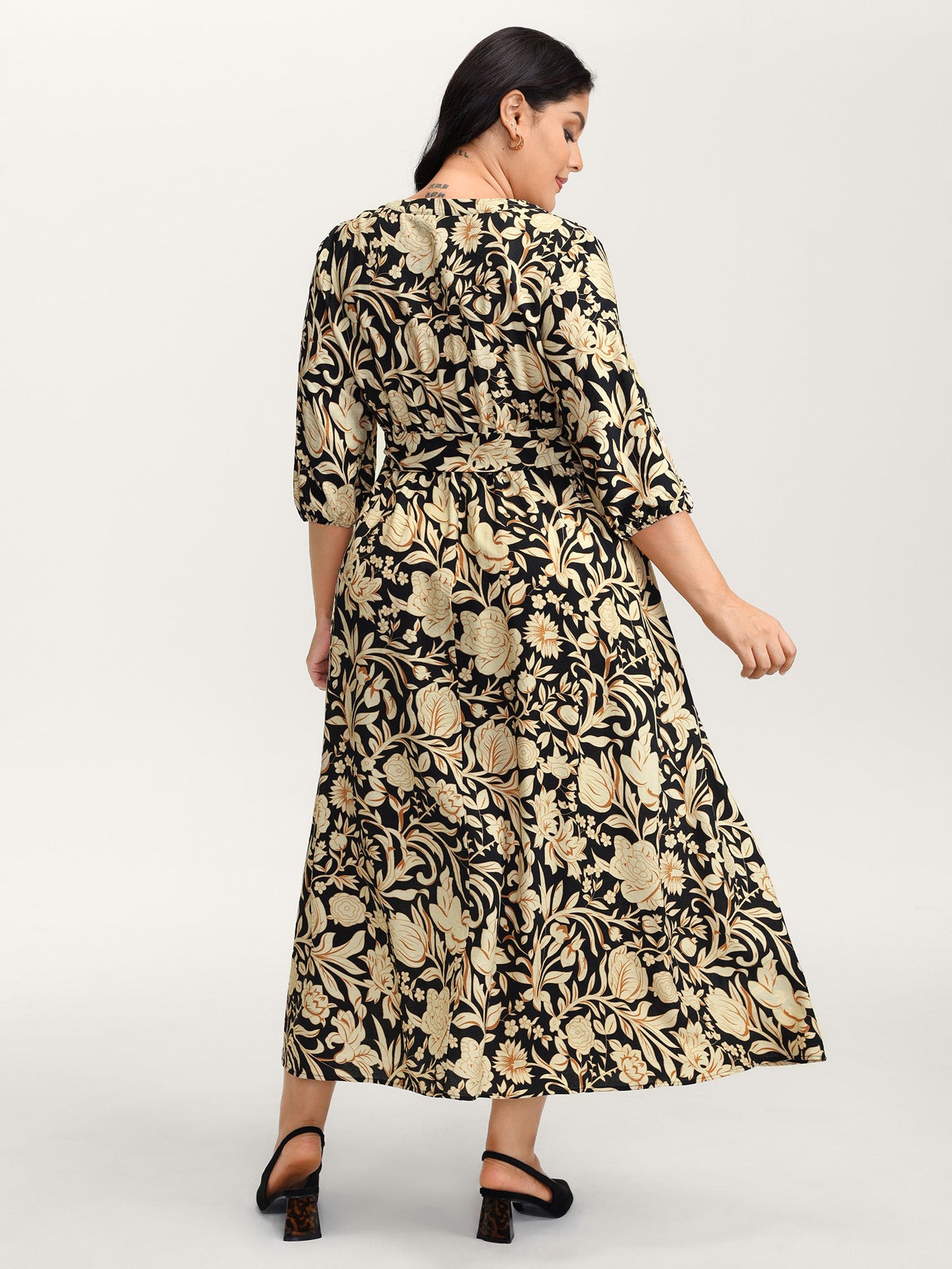 Floral Print Notched Collar Maxi Dress