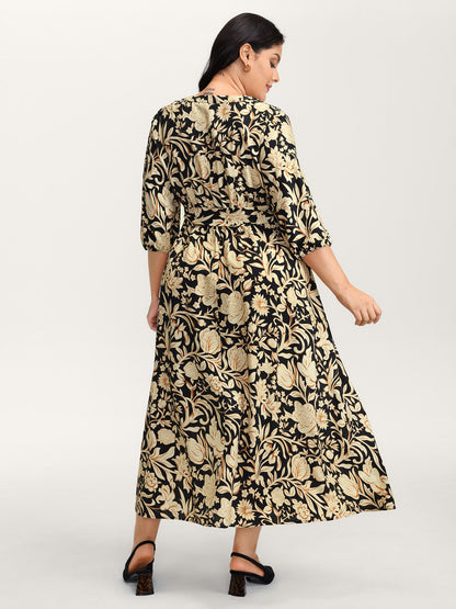 Floral Print Notched Collar Maxi Dress