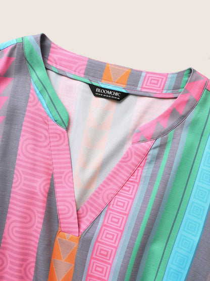 Notched Collar Geometric Striped Ruffle Sleeve Dress