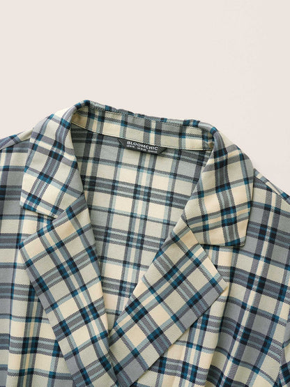 Plaid Suit Collar Pocket Belted Dress