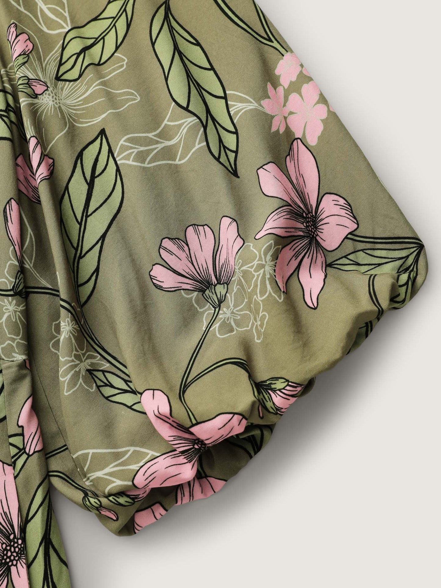 Garden Print Ruched V-Neck Maxi Dress