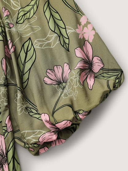 Garden Print Ruched V-Neck Maxi Dress