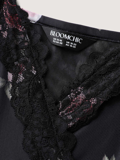 Rosy Print Lace Trim Deep V-Neck Sleep Dress