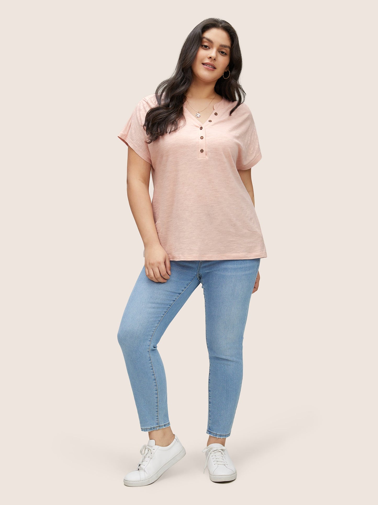 Cotton Solid Notched Dolman Sleeve T-shirt