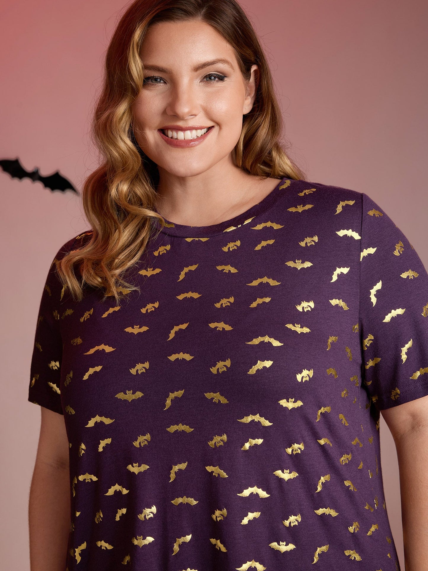 Shimmery Gold Bat Print Crewneck T-Shirt