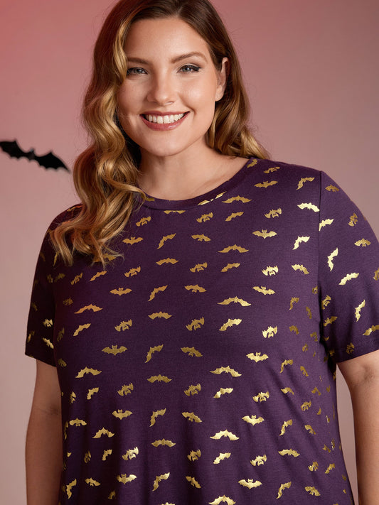 Shimmery Gold Bat Print Crewneck T-Shirt
