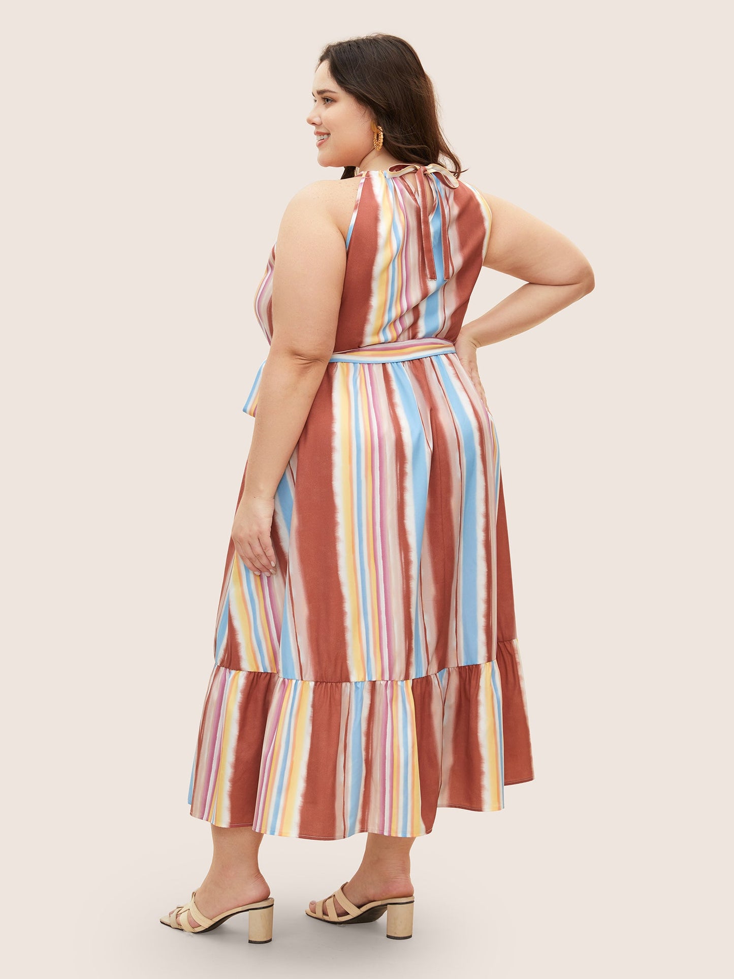 Colored Striped Ruffle Layered Hem Dress