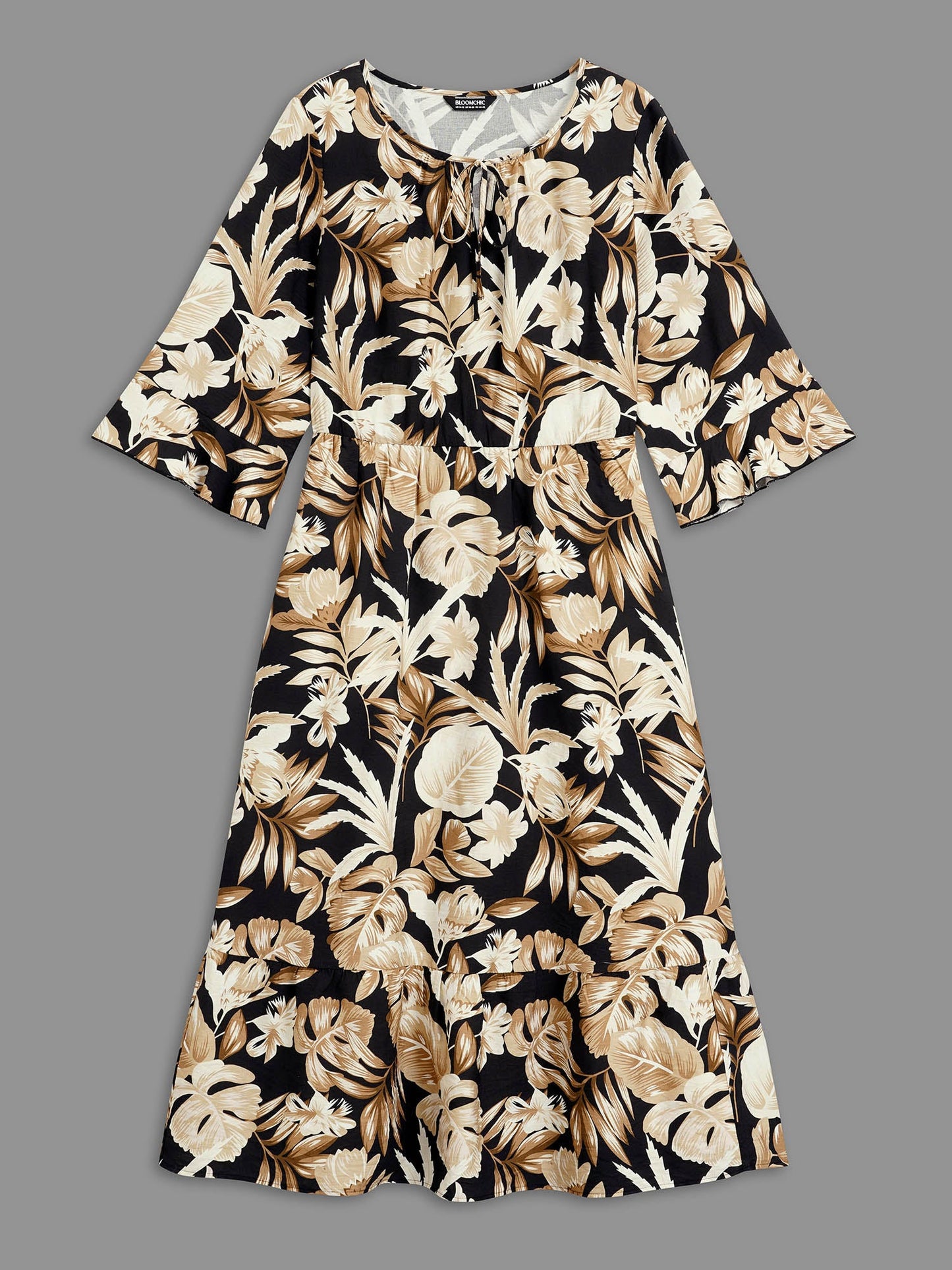 Tropical Leaf Print Neck-Tie Tiered Midi Dress