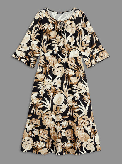 Tropical Leaf Print Neck-Tie Tiered Midi Dress