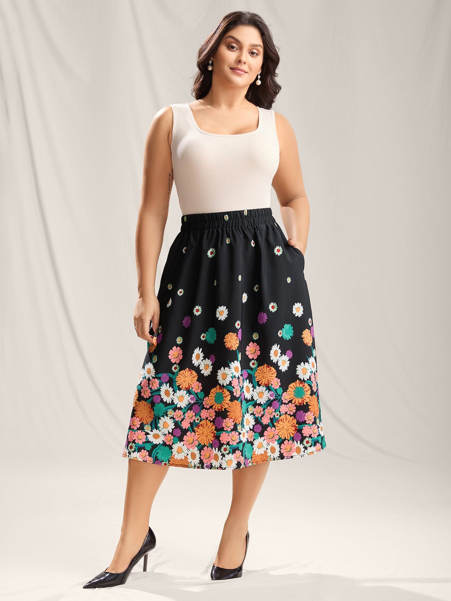 Floral Print Pleated Midi Skirt