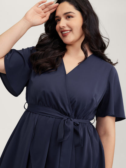 V-Neck Adjustable Belted Waist Mini Dress