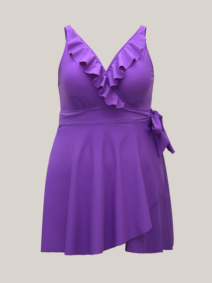 Ruffled Edge Waist-Tie Flared Swim Dress