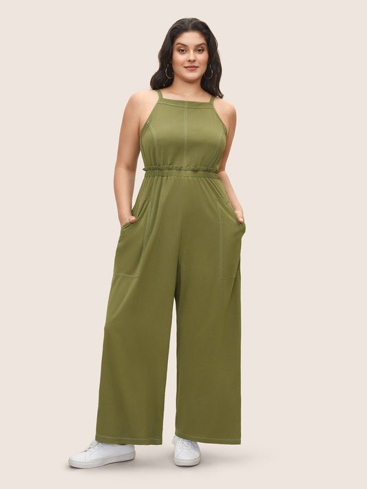 Plain Tucked Seam Frill Trim Jumpsuit