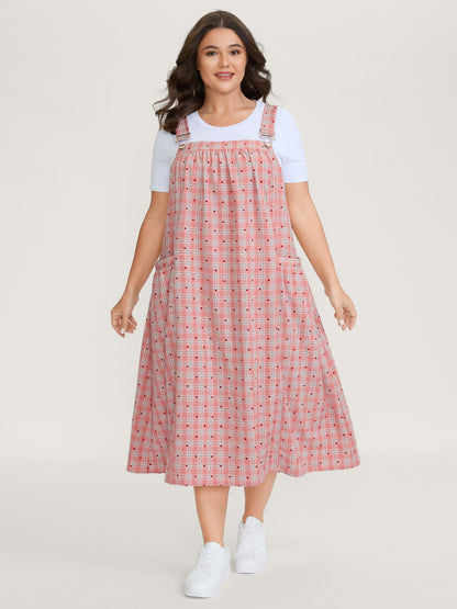 Gingham Overall Adjustable Pockets Midi Dress