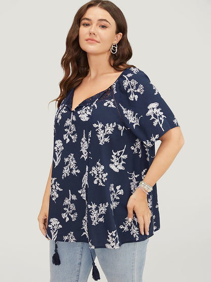 Floral Tassels Tie Neck Contrast Lace  Blouse