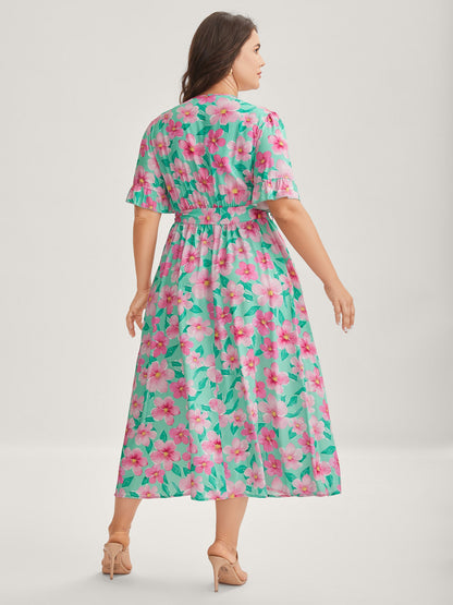 Rayon Floral Print Pockets Midi Dress