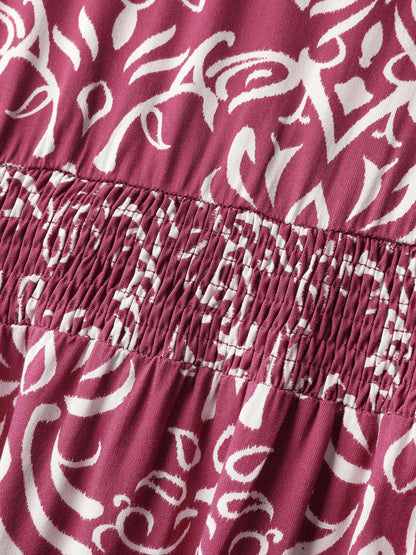 Abstract Pattern Shirred Waist Midi Dress