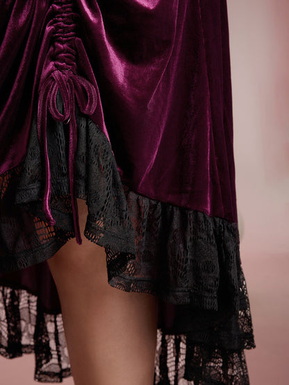 Velvet Lace Ruffled Gathered Midi Skirt