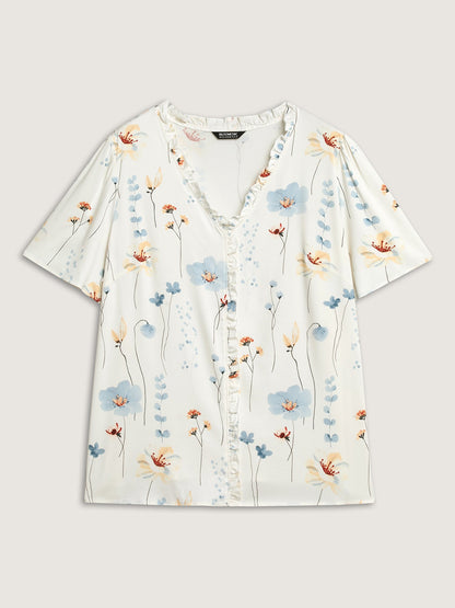 Floral Print Ruffled Placket Blouse