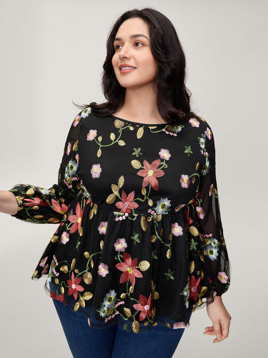 Floral Embroidered Mesh Knit Top