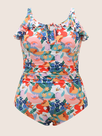 Floral Tie Knot Ruffle Trim One Piece Swimsuit