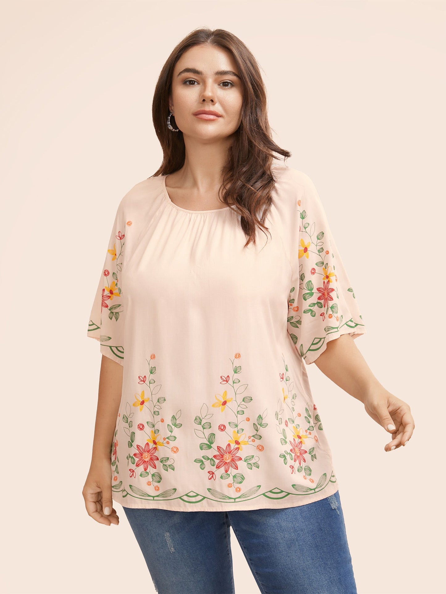 Boho Print Gathered Ruffle Sleeve Blouse