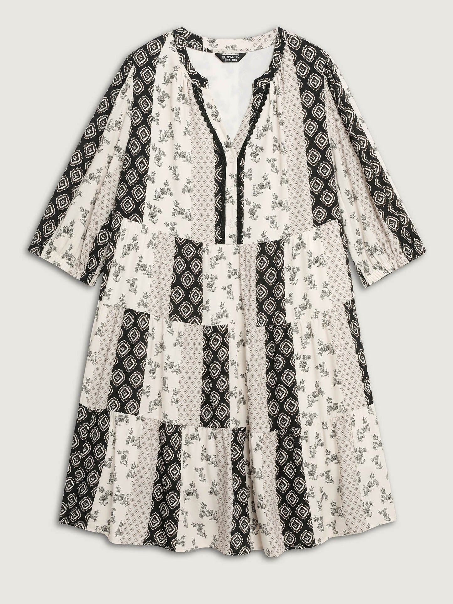Colorblock Collage Print Tiered Midi Dress
