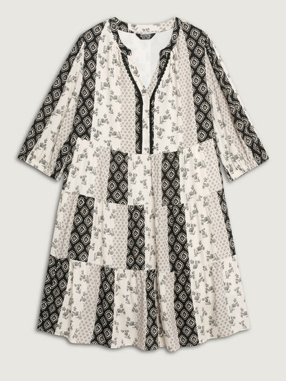 Colorblock Collage Print Tiered Midi Dress