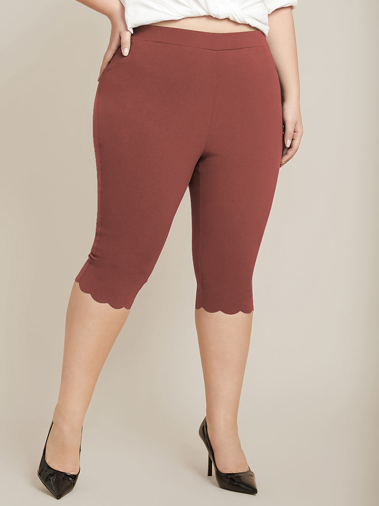 Solid Scalloped Trim Elastic Waist Skinny Leggings