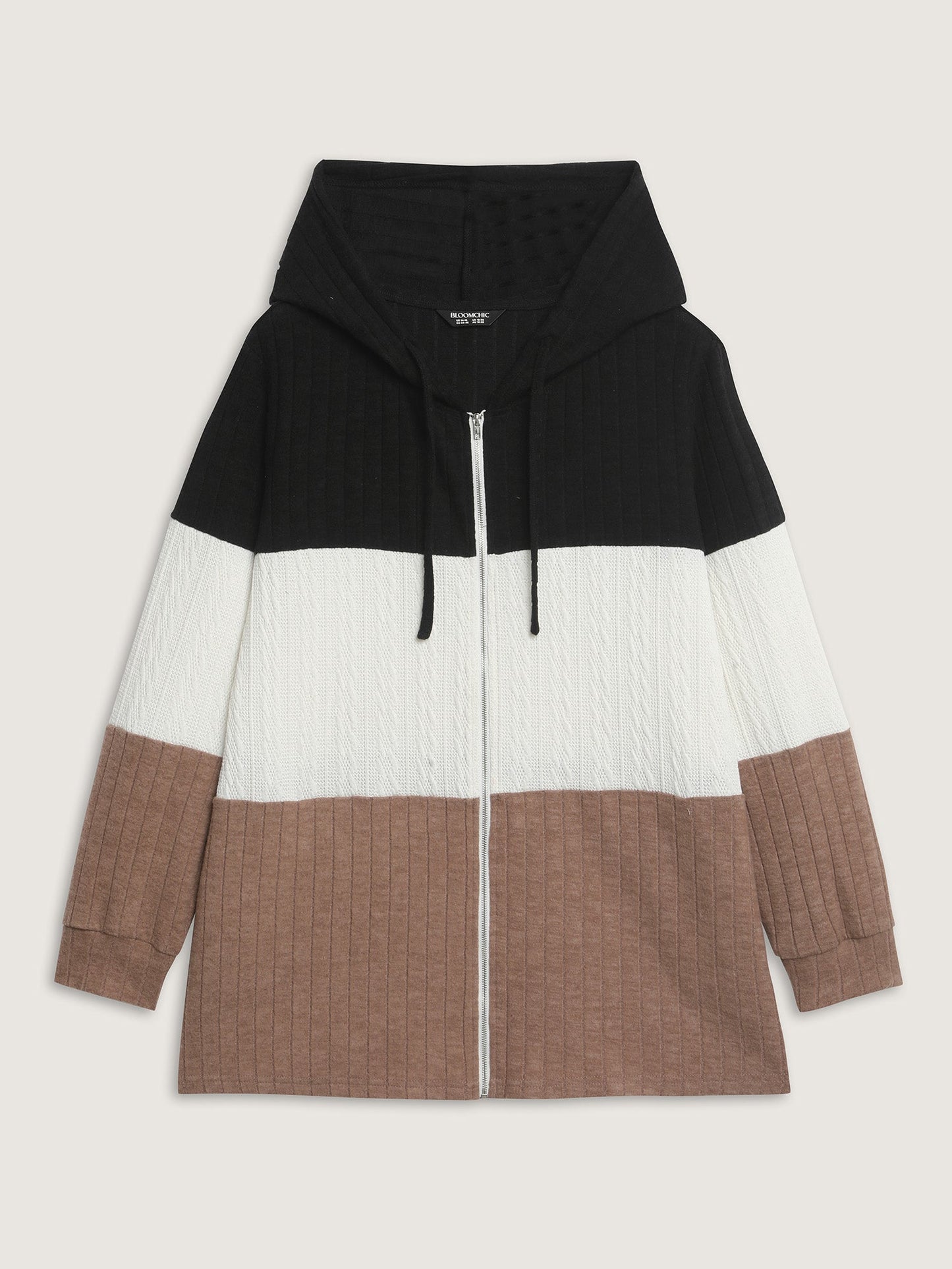 Textured Color Contrast Zipper Hoodie