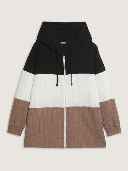 Textured Color Contrast Zipper Hoodie