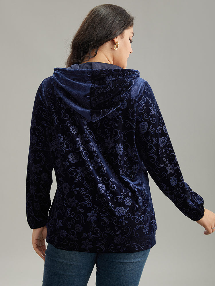 Velvet Solid Floral Hooded Drawstring Sweatshirt