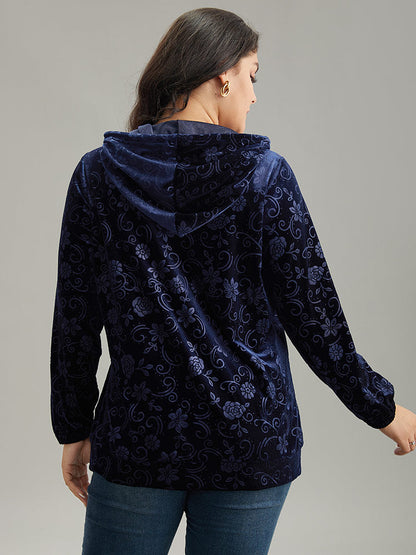 Velvet Solid Floral Hooded Drawstring Sweatshirt