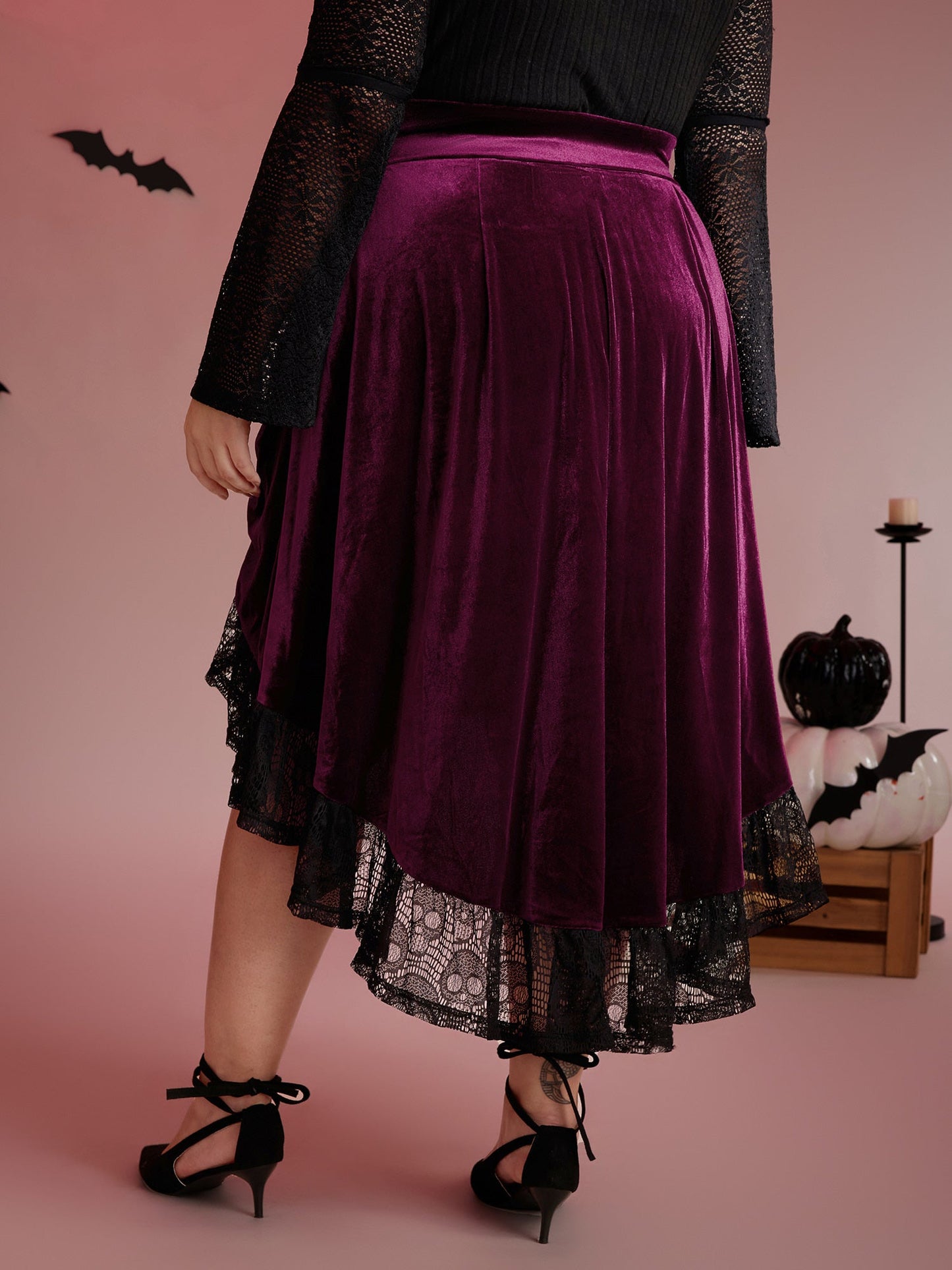 Velvet Lace Ruffled Gathered Midi Skirt