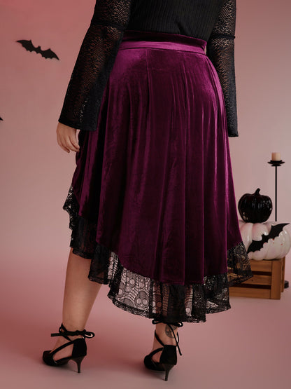 Velvet Lace Ruffled Gathered Midi Skirt
