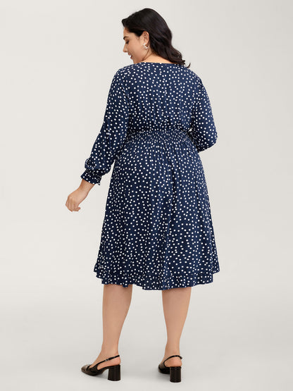 Polka Dots Shirred Drawstring Neck Midi Dress