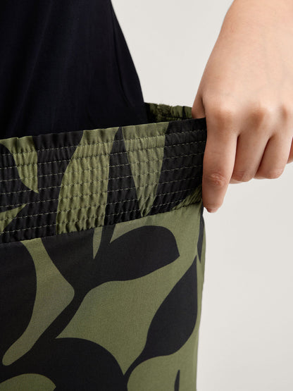 Leaf Print Shirred Wide Waistband Pants